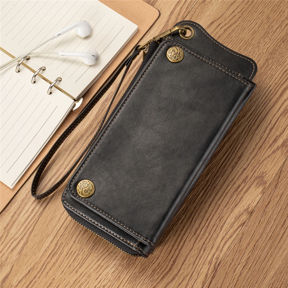 Luxury Leather Zipper Wallet Handbag Case for OnePlus 7 Pro Multi-Functional Detachable Flip Card Slot Magnetic Cover