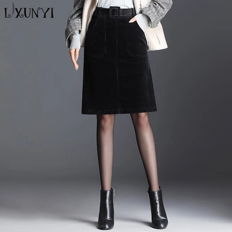 Lxunyi Women Corduroy Skirt Autumn Winter Office Ladies Formal Work Pencil Skirts with Belt Vintage Cotton Skirt Large Size