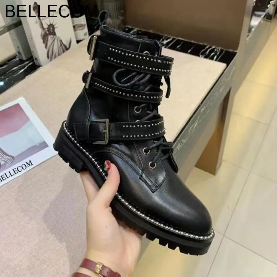 

BELLECOM 2019 Autumn and Winter New Rivet Leather Tie Locomotive Boots British Wind Martin Boots and Girls Boots