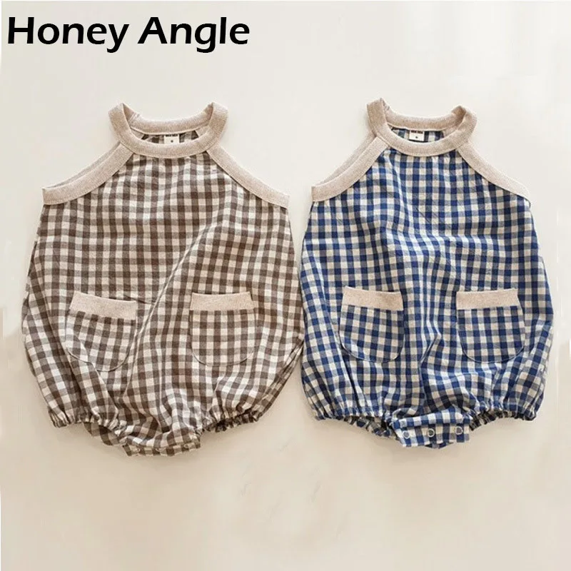 Honey Angle/детские комбинезоны для малышей; сезон весна-осень; хлопковая детская одежда в клетку с принтом; комбинезон; 2 цвета; милая хлопковая одежда для малышей