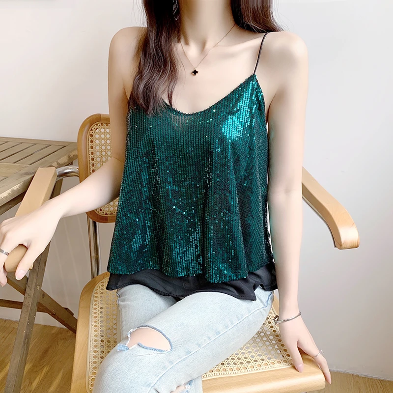 spanx camisole Sexy Glitter Sequined V-neck Camisole Women's Short Loose-Fit Top 2021 Summer Women's Crop Top nylon camisole