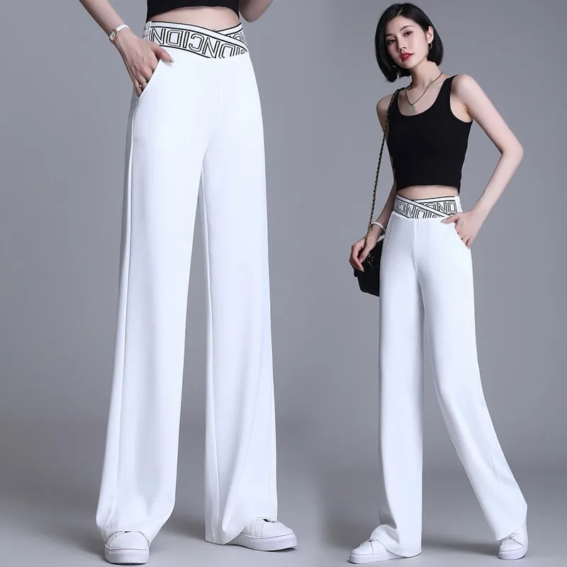 White Wide Leg Pant Women 2021 Summer Thin Cross Letter