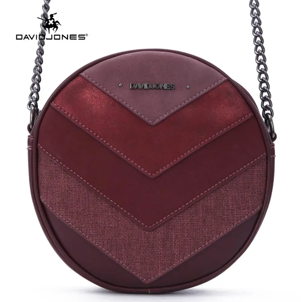 DAVID JONES women crossbody bag pu leather female shoulder bag small patchwork lady round bag handbag drop shipping - Цвет: Бургундия
