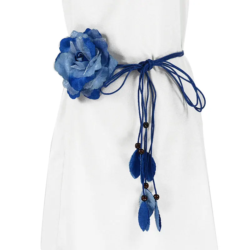 Lady Thin Waist Belt Long Tassel Braid Waistband Elegant Handmade Big Flower Decorative Casual Knotted Waist Chain For Dresses