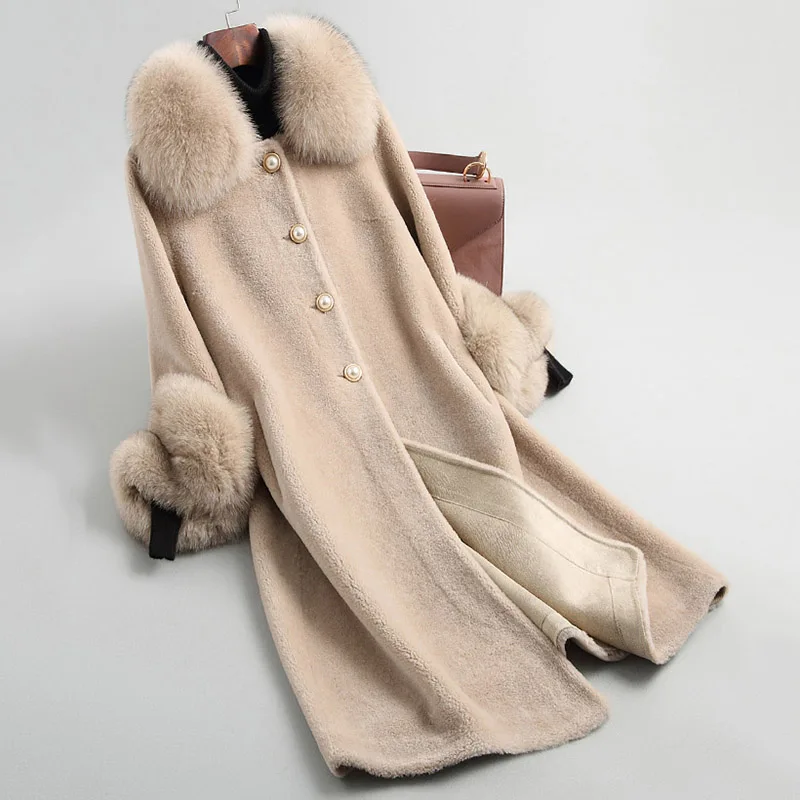 Натурального овечьего меха пальто Женская куртка зимняя куртка для Для женщин пальто с натуральным мехом с натуральный Лисий меховой воротник манжеты плюс Размеры