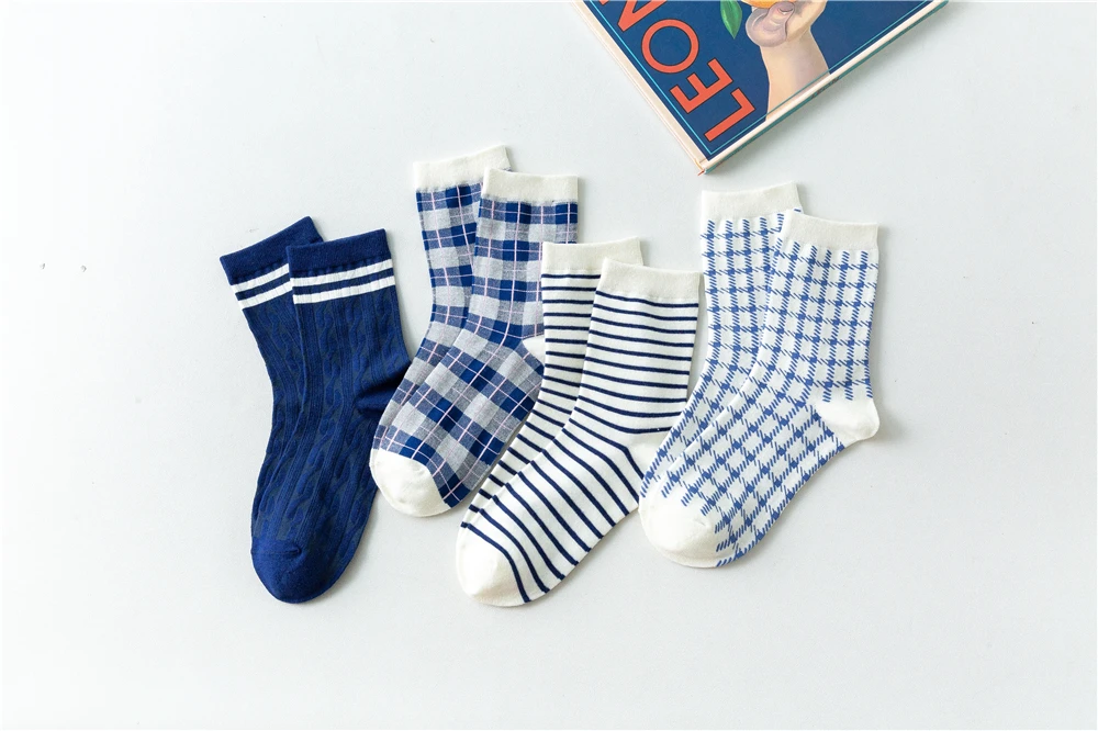 England Stil Herbst Frühling Navy Baumwolle Sokken Vintage Gestreiften Plaid Prairie Lattice Chic Preppy Mid Tube Socken Dropship – Detail 7