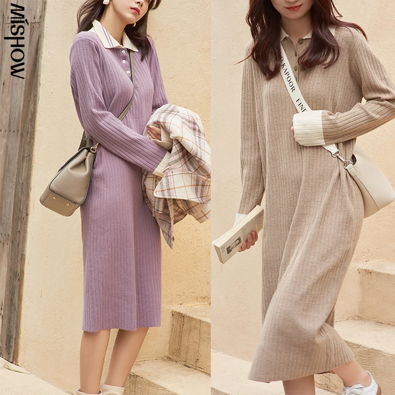 MISHOW 2020 Winter Dresses For Women Casual Solid High Waist Knitwear Fashion Turn Down Collar Vestidos MX20D5796 | Женская одежда