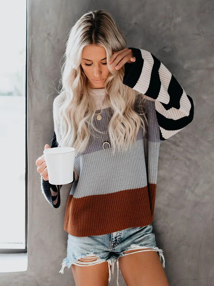 

2019 Autumn and Winter Amazon New Women's Color Stitching Sweater Pullover Temperament Commuter Loose Sweater Women