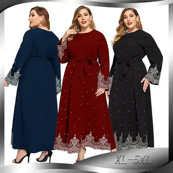 

Siskakia Ethnic Embroidered Beaded Long Dress Plus Size O neck Long sleeve Dubai Arab Muslim Women Ramadan Eid Maxi Dress Black