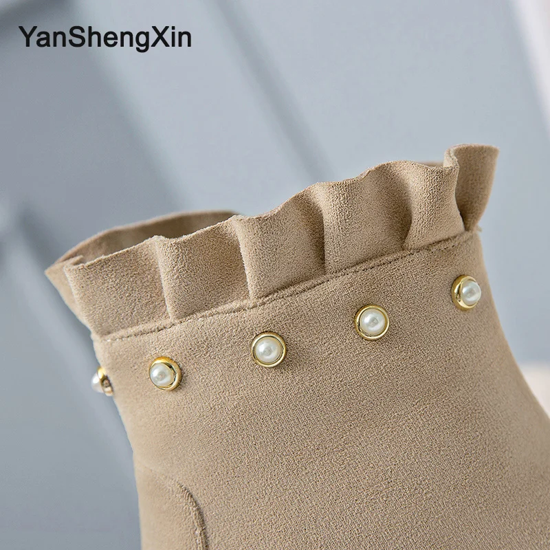 YANSHENGXIN/Женская обувь; плиссированные замшевые ботильоны со стразами; женская обувь на каблуке «рюмочка»; осенне-зимние ботинки; женские ботинки