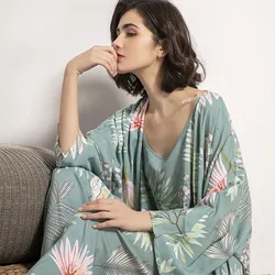 Cotton Viscose Ladies Three-piece Pajamas Set Women Spring and Autumn Comfortable Soft Home Suit Robes with Pants Pajamas Set