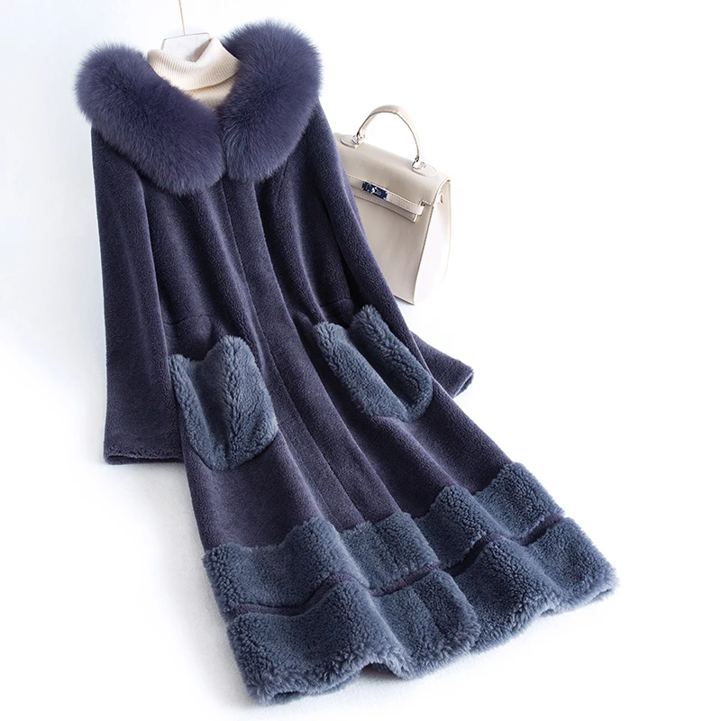 

Women Coat Winter Sheep Shearling Real Fur Coat Female Fox Fur Collar 100% Wool Coats Long Jacket Manteau Femme MY4230 s
