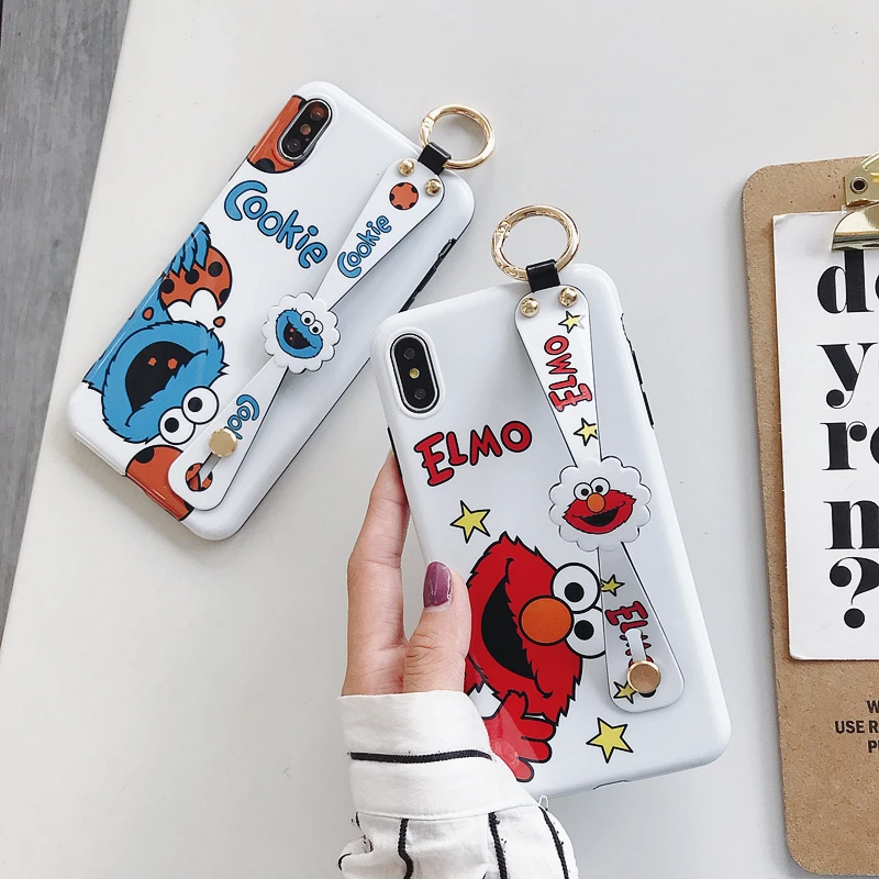 

Cartoon Anime Case for iPhone 7 8 6 6S Plus Elmo Cookies Monster Cute Wrist Strap Soft Phone Cover for iPhone X XR XS Max Case
