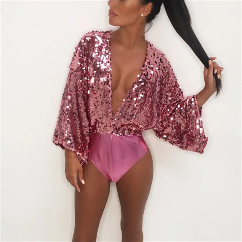 

Sequin Bodysuit Women Deep V Long Sleeve Bodysuit Romper Short Jumpsuits Women Romper Ladies Jumpsuits Costumes