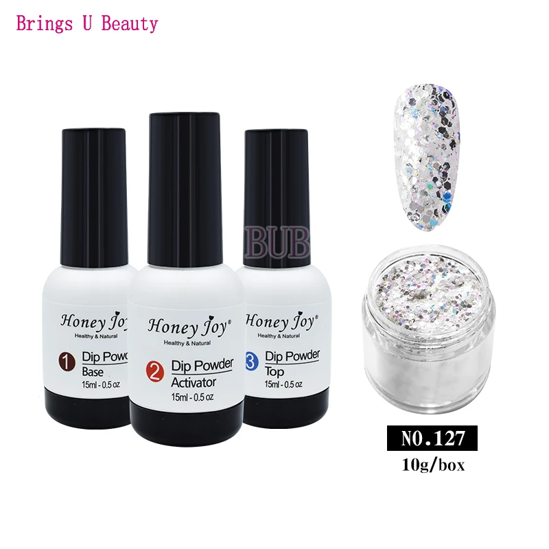 4 in 1 Dipping Powder Tool Kits Set 10g Shine Glitter Dip Powder 15ml Base Coat Top Coat Activator Natural Dry Long Lasting - Цвет: BU-15ml BAT-10g127