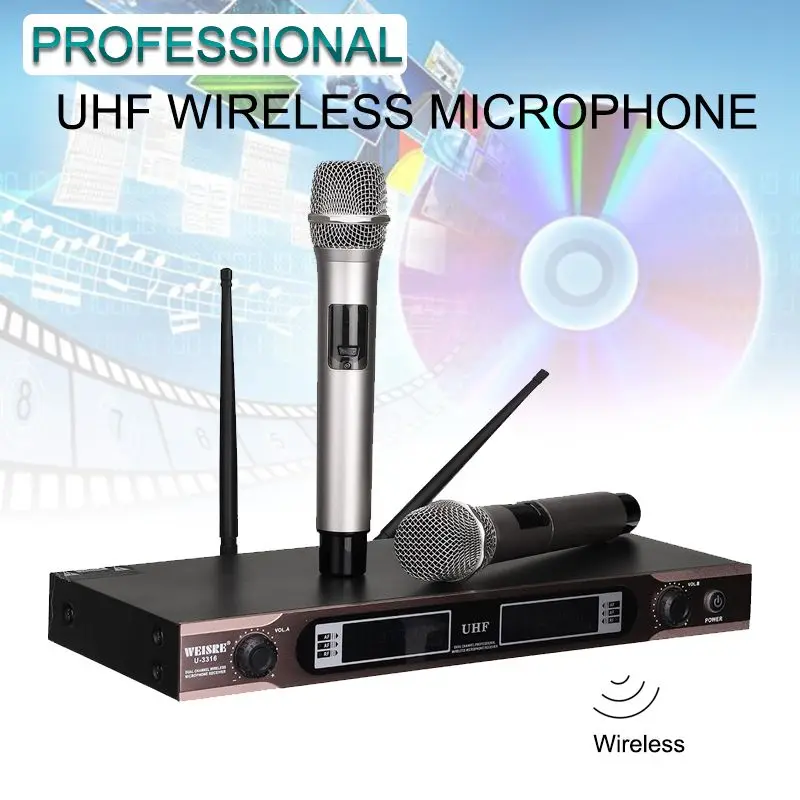

Professional UHF Wireless Microphone System 2 Channel 2 Cordless Handheld Microphone Kit For Studio Karaoke Speech Party