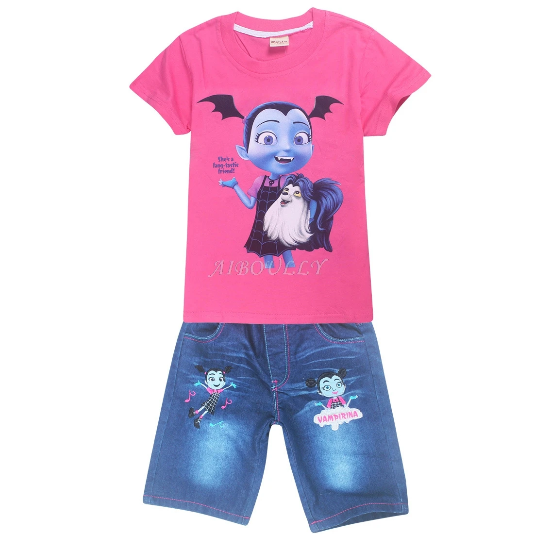 От 3 до 9 лет Vampirina/Детский комплект из 2 предметов с героями мультфильмов, футболка с короткими рукавами+ джинсы детская одежда из хлопка милый повседневный спортивный стиль для мальчиков и девочек - Цвет: 8353 red set