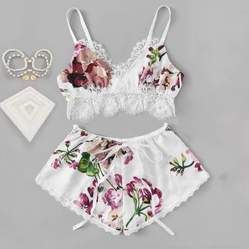 

Ladies Pajamas Set Fashionable Sexy Lace Satin Cloth Decoration Flower Bowknot Simulation Silk Print Lace Pajama Set пижама 40*