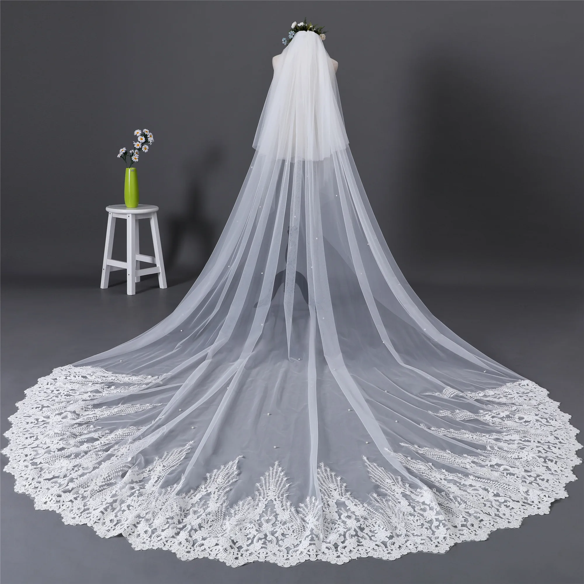 Erosebridal Новое поступление Соборная 350 см Фата невесты Кружевной Край вуаль Длинная женская свадебная белая вуаль 2 слоя