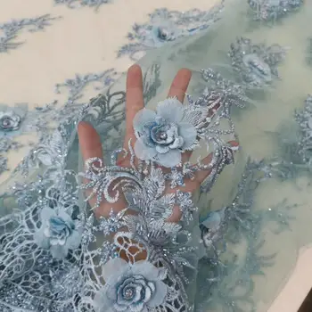 

high end handmade blue color embroidered net lace fabric with 3D flower JOY-3910 beaded african tulle lace for wedding dress f