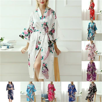 

Brand Purple Female Printed Floral Kimono Dress Gown Chinese Style Silk Satin Robe Nightgown Flower S M L XL
