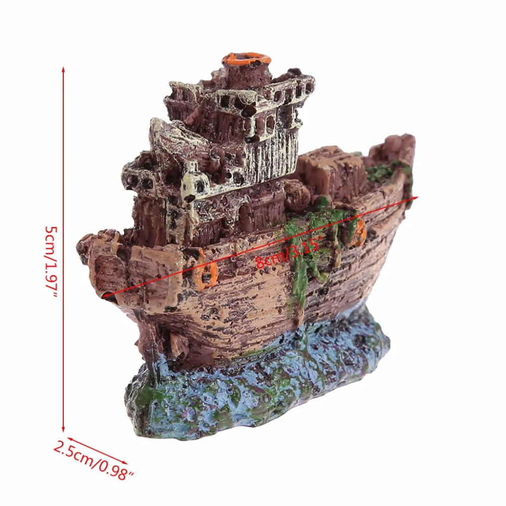 OOTDTY New Resin Aquarium Ornament Sunk Ship Wreck Boat Fish Tank Cave Decor Underwater