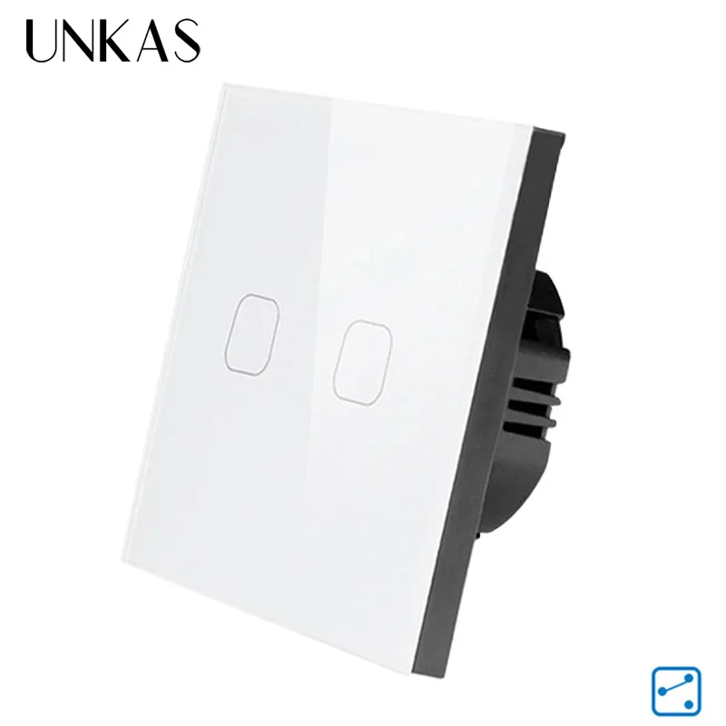 

UNKAS Smart Home EU Standard 2 Gang 2 Way Touch Switch Wall Light Switches Automation Crystal Glass Panel Screen Round Type