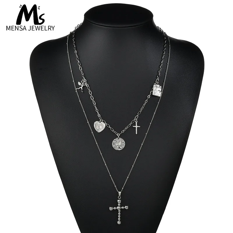 

Europe And America Ventilation Network Red Multistory Necklace Angel Peach Heart Multi-Pendant Long Cross Choker Titanium Steel