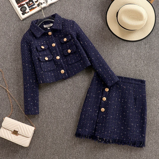 8832Tweed Vefinear, Осень-зима, сексуальные клетчатые топы и мини-платья, комплект из 2 предметов, на пуговицах, открытая облегающая юбка и свитер, комплект из двух предметов - Цвет: 8832Tweed