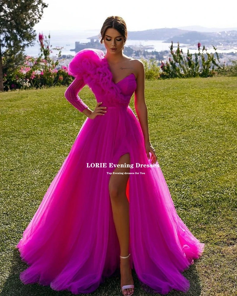 LORIE Tulle Evening Dresses Vestidos De Fiesta One Sleeve V-neck Puff Organza Arabic Dubai Formal Gowns Leg Slit Evening Gowns