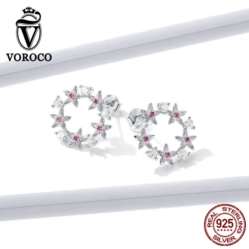 VOROCO BNE307, 925 пробы, серебряные, розовые, Bloosom Circlet, серьги-гвоздики, для женщин, хорошее ювелирное изделие для свадьбы, корейский стиль, круглые серьги