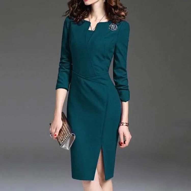 Осенне-зимнее платье миди с длинными рукавами женская элегантная для работы в офисе облегающие платья узкие разрезные женская одежда - Цвет: dark green