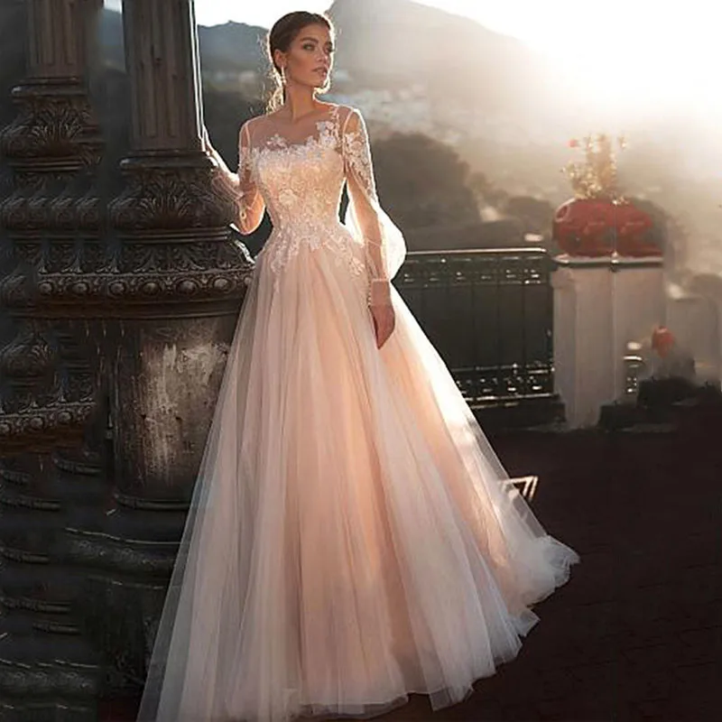 

Tulle Pink Princess Wedding Dress Long Sleeves Lace Appliqued Bride Dress Wedding Gowns Boho Wedding Dresses vestido de noiva
