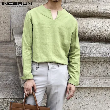 

INCERUN Solid Color Shirt Men V Neck Long Sleeve Cotton Breathable Vintage Casual Pullovers Streetwear Men Shirts Chemise S-5XL