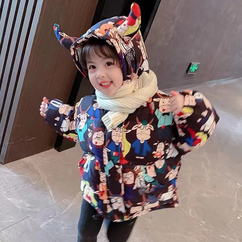 Пуховик детский с капюшоном короткая куртка мультяшным принтом граффити зимнее