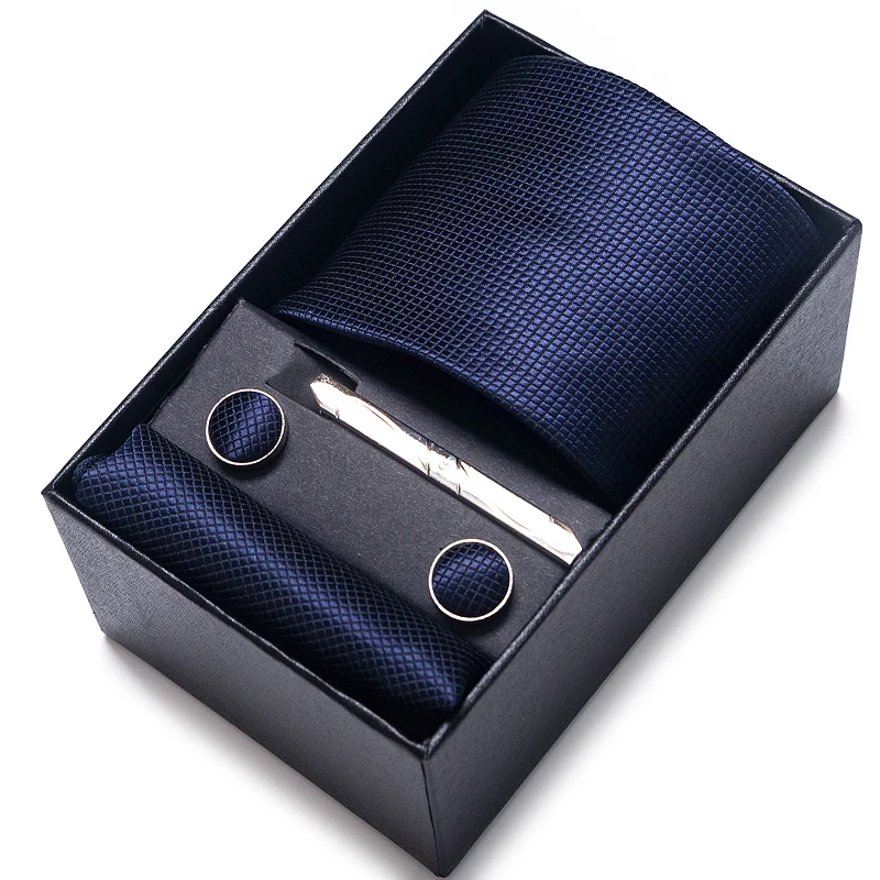 Fashion 7.5-8 cm Wide Tie Sets Black blue red Men's Neck Tie Hankerchiefs Cufflinks clip Box wedding gift silk handmade neck tie mini handkerchief