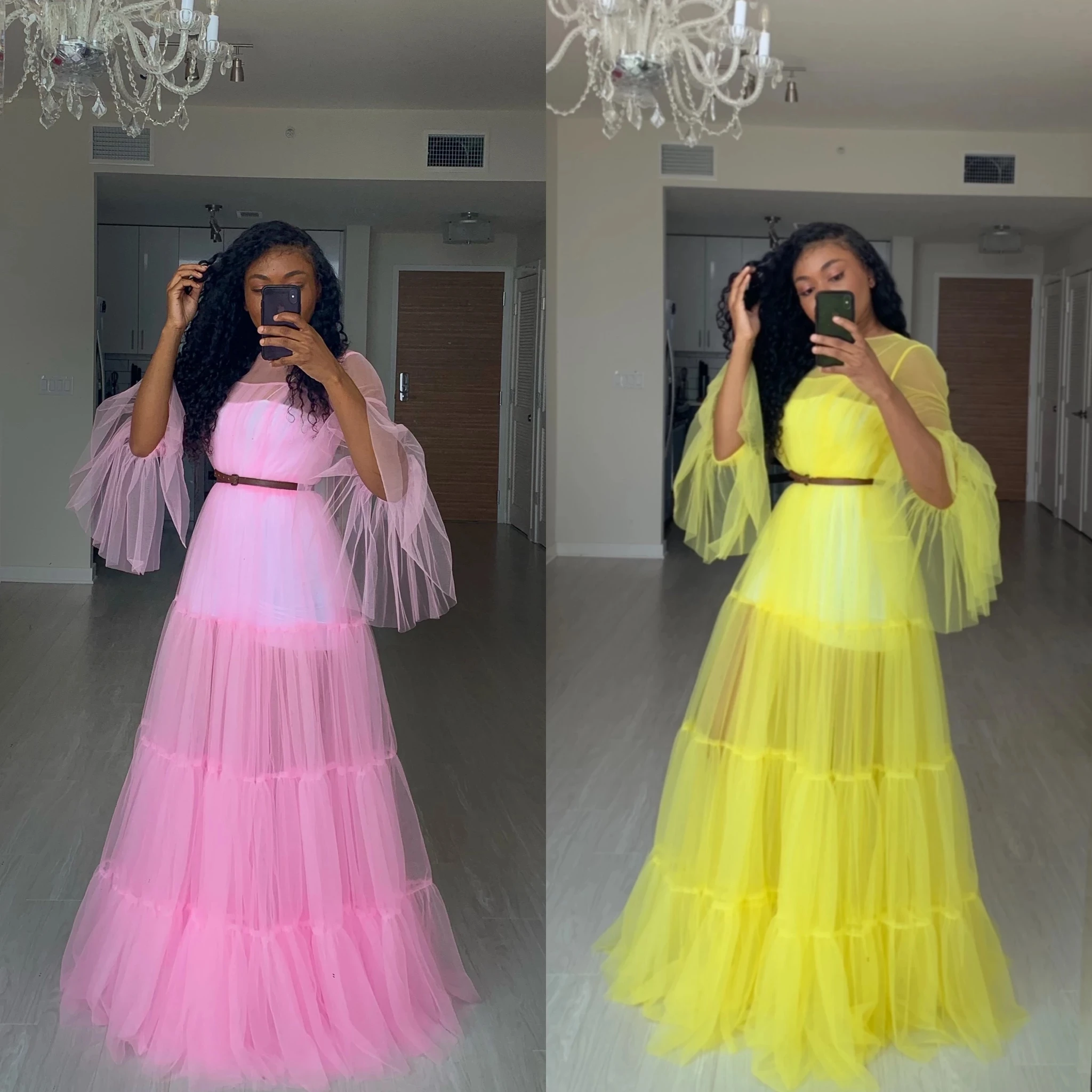 

Chic Illusion Sexy Summer Long Tulle Women Dresses Puffy Full Sleeves A-line Beach Party Dresses Custom Made