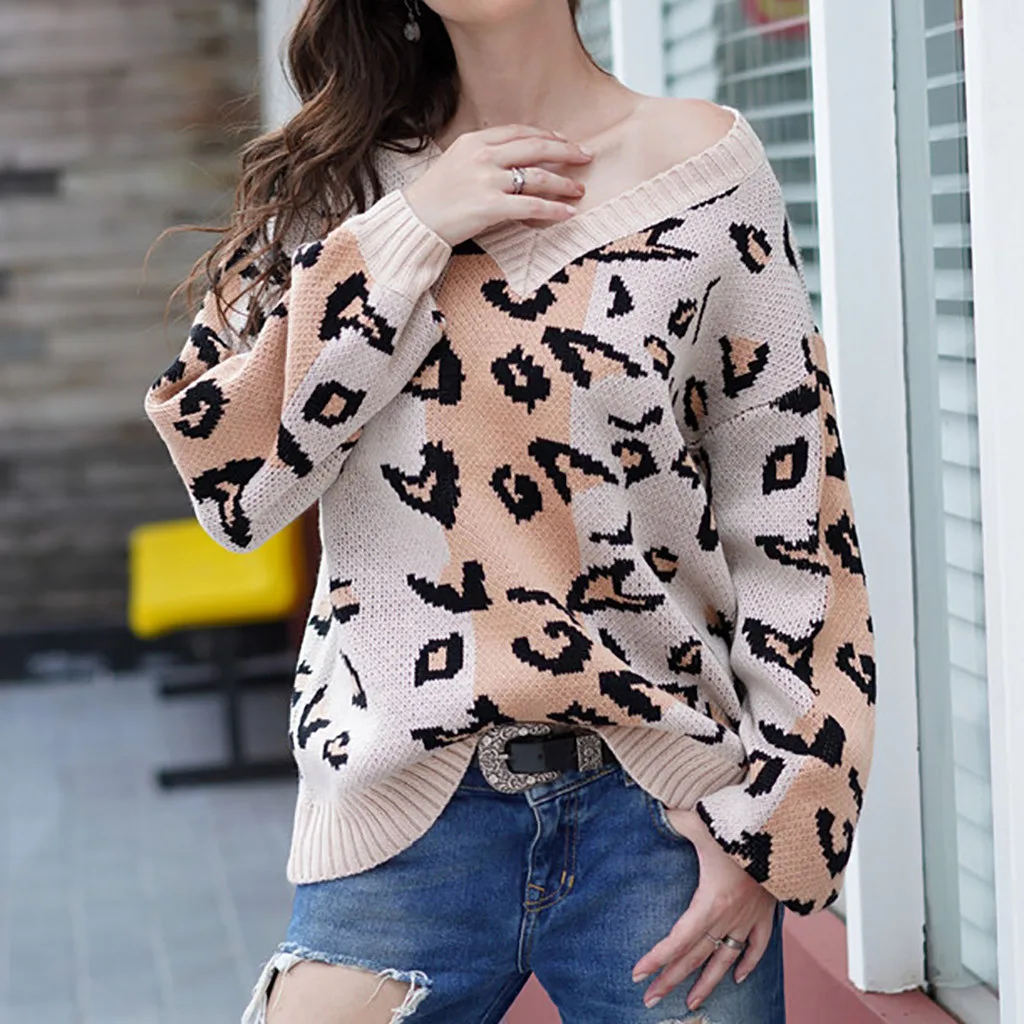 

Large Size Leopard Pullover Sweater Women Sweater V-neck Sexy Fashion Leopard Print Winter Knit Patchwork Long Sleeves Loose Top