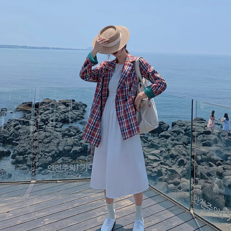 Ulzzang Kim Hyun Классическая клетчатая Женская Куртка Блейзер с надрезом воротник женские костюмы пальто мода решетки весна/осень