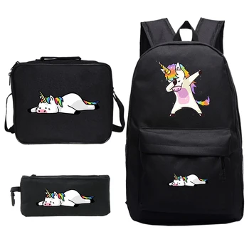 

Unicorn 3pcs/set Cute Dabbing Print Canvas School Backpack Children Daily Book Bag Set School Lunch Bags Teenage Girls Bagpack