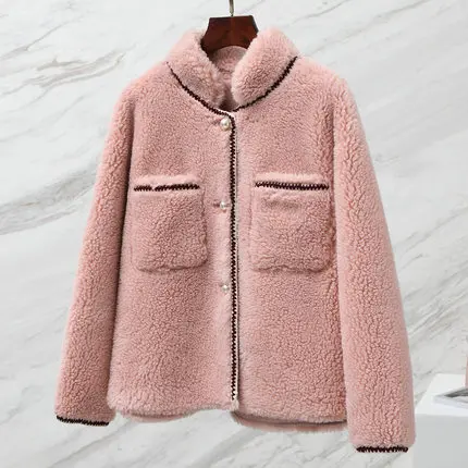 Pink Новое пальто из овечьей шерсти, женское короткое пальто, зимнее пальто из искусственного меха ягненка, теплое меховое пальто H00857 - Цвет: Pink