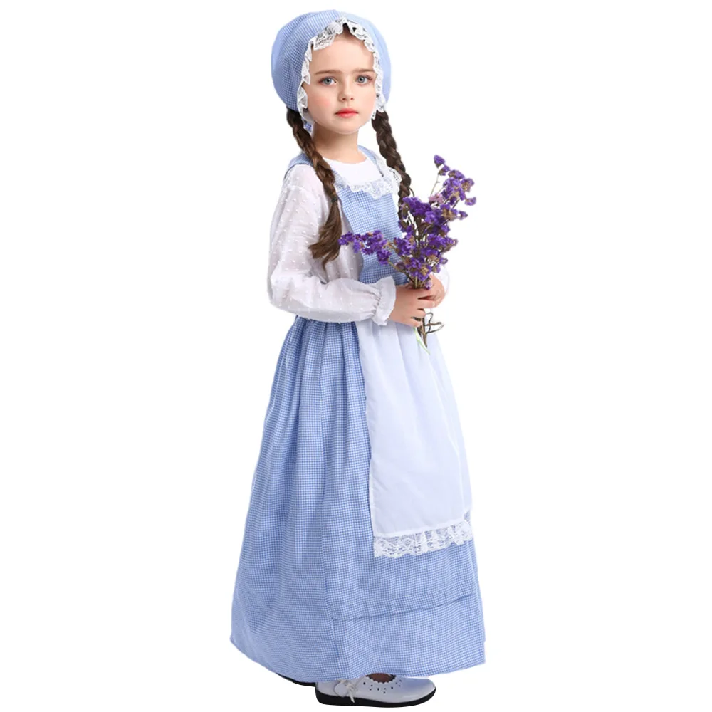 

Children Kids Colonial Costume Girls Pioneer Prairie Farm Maid Fancy Dresses Halloween Carnival Party Cosplay Gown Headwear Suit