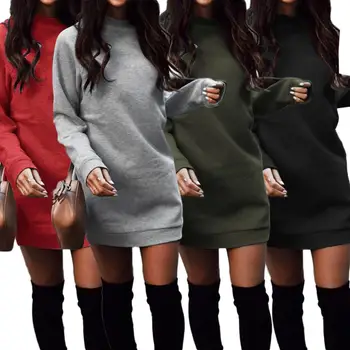 

Hot Winter Women 2019 New Hot Sale Fashion Women's Casual Style Long Sleeve Sweater Solid Color O-Neck Long Sleeve Mini Dress