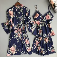 3 Pieces Women Robe gown Set Kimono Bathrobe Long sleeves Sexy Silk Satin Flower Print Nightwear Sleepwear with Pants Autumn