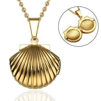 

WT-REN008 Simple Titanium Steel Scallop Shape Pendant Necklace Stainless Steel Shell Photo Box Pendant Necklace Fashion Jewelry