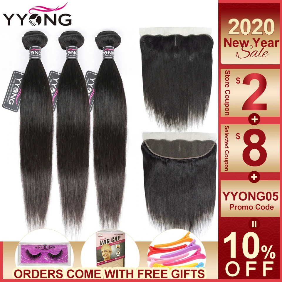  YYong Hair 3 Bundles Brazilian Straight Hair Bundles With Closure Pre Plucked 13*4 Ear To Ear Lace 