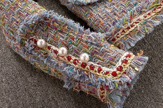 Promo Small fragrance Women Colorful Blue Pink Tweed Jacket Coat Autumn Winter V-neck Long Sleeve Pearls