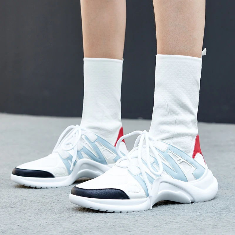 2019 Winter Mid-High Boots Women Sneaker Boots Sexy Black White Booties Stretchable Size 35-40 2019 Winter Mid-High Boots Women Sneaker Boots Sexy Black White Booties Stretchable Size 35-40