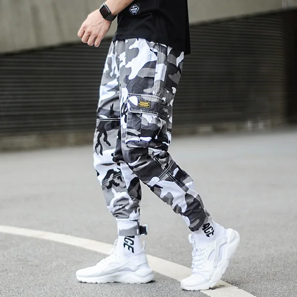 Модные камуфляжные в стиле панк для мужчин Jogger Брюки Молодежная уличная хип-хоп джинсы мужские брюки карго с большим карманом шаровары Homme - Цвет: Gray Camouflage