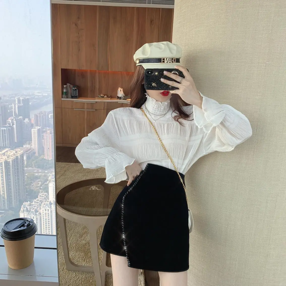 Ins CHIC Europe French Irregular Velvet Hand Bead Rhinestone Woman Velour Mini Skirt High Waist Bodycon Lady Bottom Black Winter
